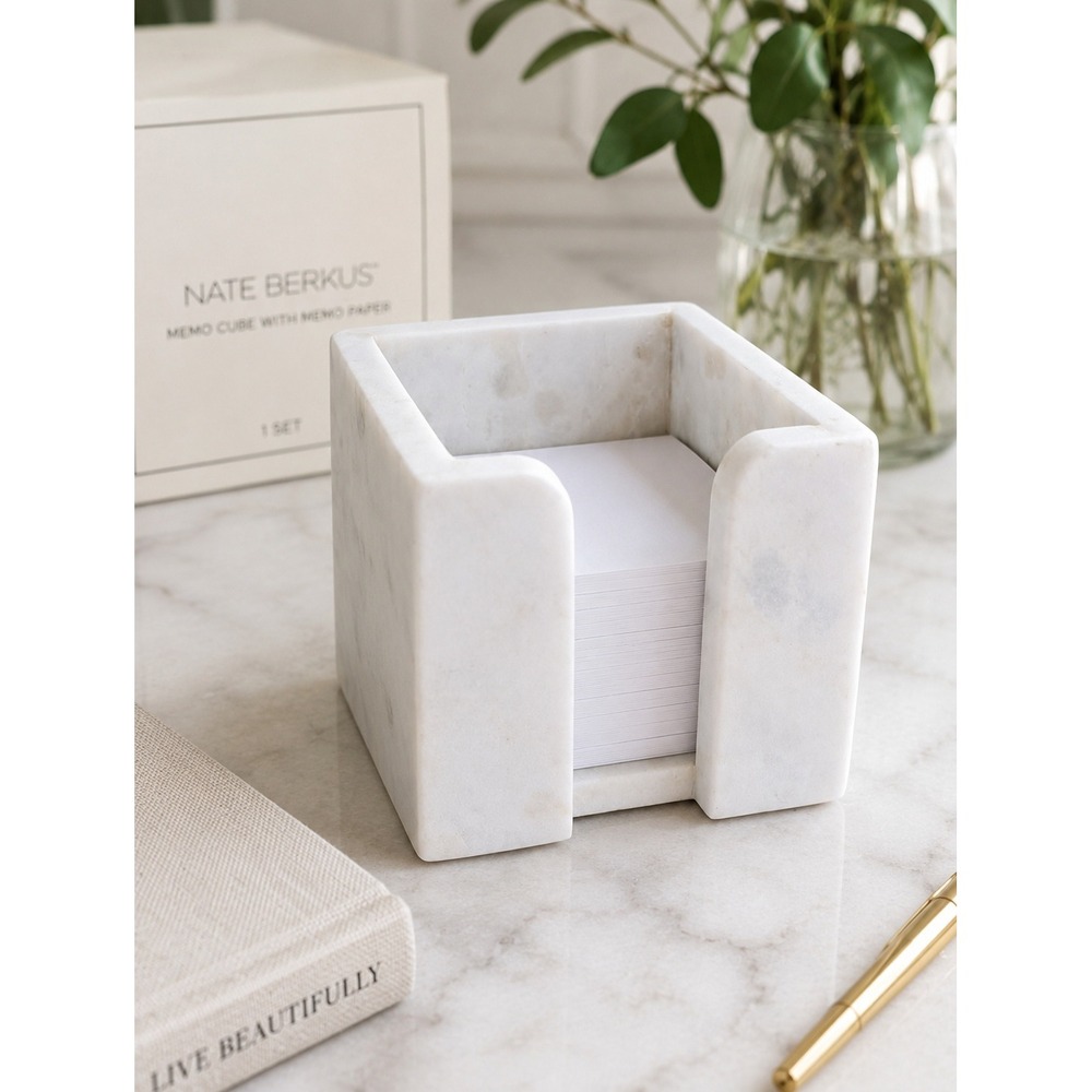 Nate Berkus White Marble Memo Cube Holder | Modern Desk Organizer